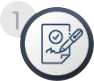 A document icon with a checkmark and a pen, labeled with a number 1 in a circle.