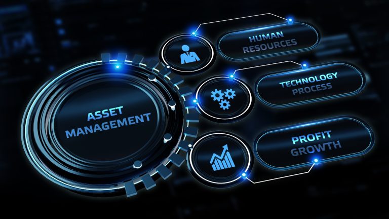 Graphic of a circular "Asset Management" icon connected to icons labeled Human Resources, Technology Process, and Profit Growth.