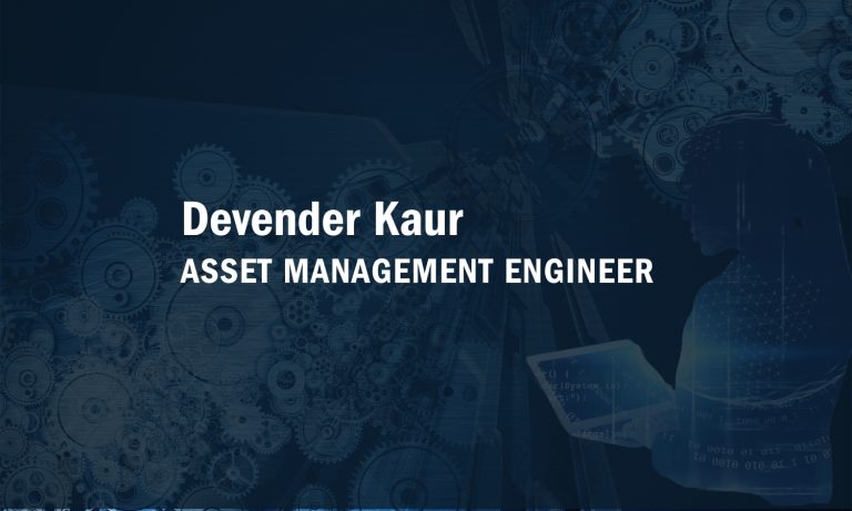 Promotional image for Devender Kaur, an Asset Management Engineer, featuring gears and silhouette overlay.