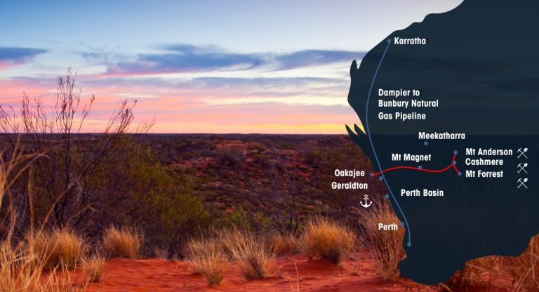 Sunset landscape with a map overlay showing pipeline routes in Western Australia.