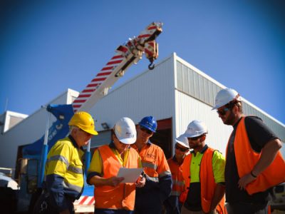 A group of workers in high-visibility vests and helmets reviewing documents outside a construction site with a crane in the background.