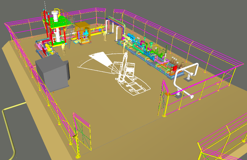 A 3D model of an industrial facility with colorful machinery, pipes, and a crane, surrounded by a fenced-off area.