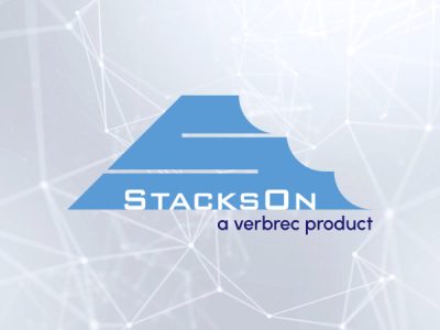 StacksOn logo on a light background with connecting lines, featuring the text "STACKS ON, a verbrec product.