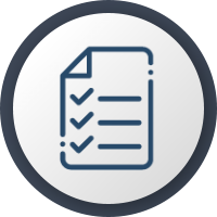 Icon of a checklist with three checkmarks, outlined in blue on a gray circular background.