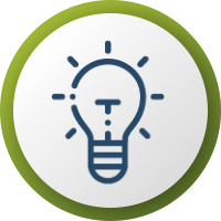 Icon of a light bulb, outlined in blue, symbolizing ideas or innovation, on a green circular background.