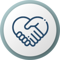 Icon of two hands shaking, outlined in blue, symbolizing partnership or collaboration, on a light blue circular background.