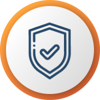 Icon of a shield with a checkmark, symbolizing security or protection, outlined in blue on an orange circular background.