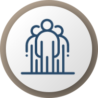 Icon of a group of three people, symbolizing teamwork or community, outlined in blue on a gray circular background.