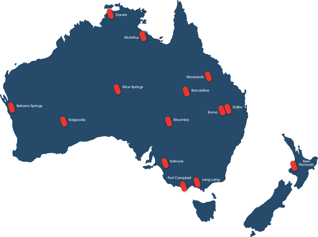 A map showing various locations in Australia and New Zealand with red markers.