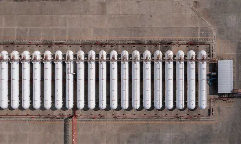 Gas storage facility tanks aerial view