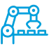 Blue icon of a robotic arm in a production line, symbolizing automation or manufacturing.