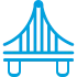 Blue icon of a bridge, symbolizing infrastructure or construction.