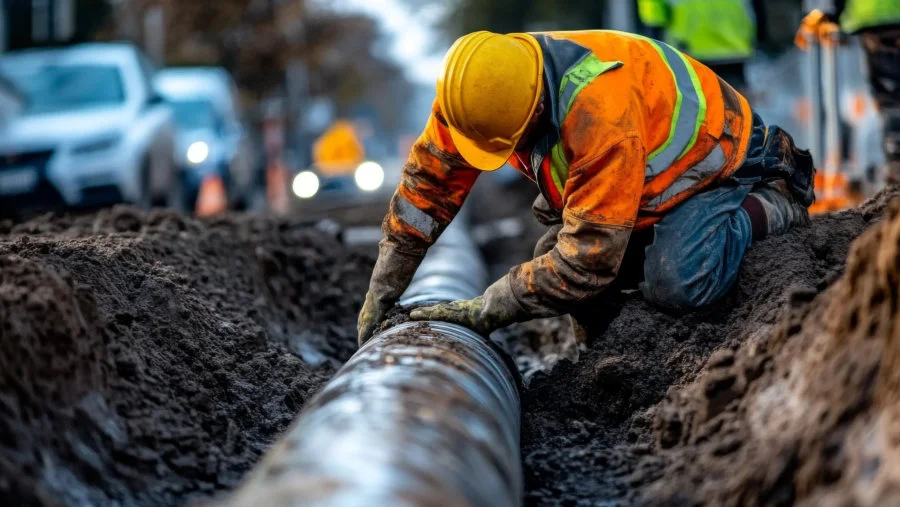 Worker installing underground gas pipeline