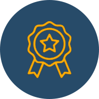 Yellow award ribbon icon with a star in the center on a dark blue circle background.