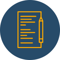 Yellow icon of a document with a pencil on a dark blue circle background, representing writing or documentation.