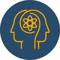 Yellow icon of two overlapping heads with an atomic symbol inside, on a dark blue circle background.