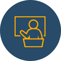 Yellow icon of a person giving a presentation in front of a screen, on a dark blue circle background.